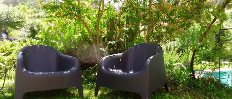 Two dark-colored chairs placed on grass in a garden area with trees and a pool in the background.