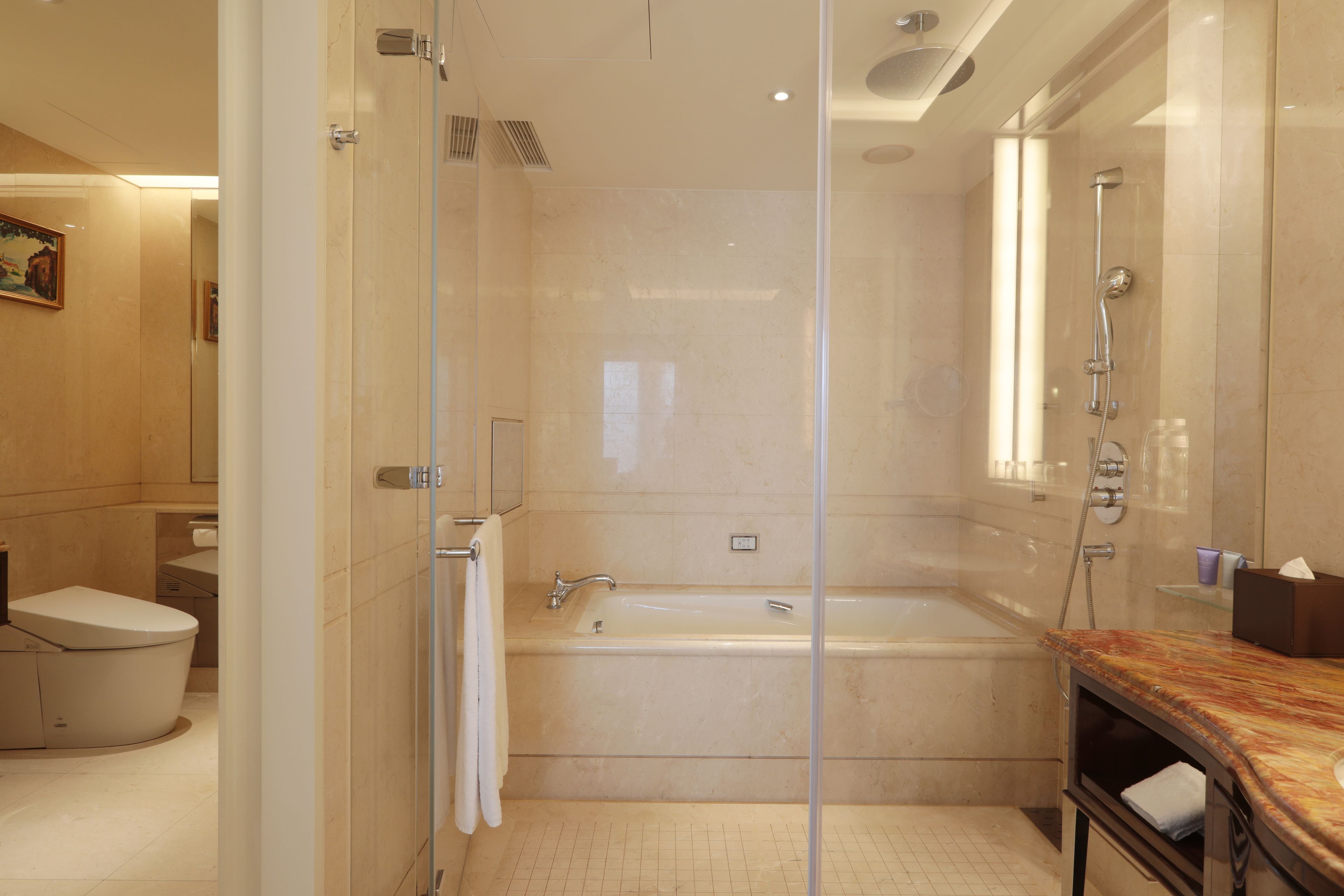 Een aparte badkuip en douche, een diep bad, een regendouche
