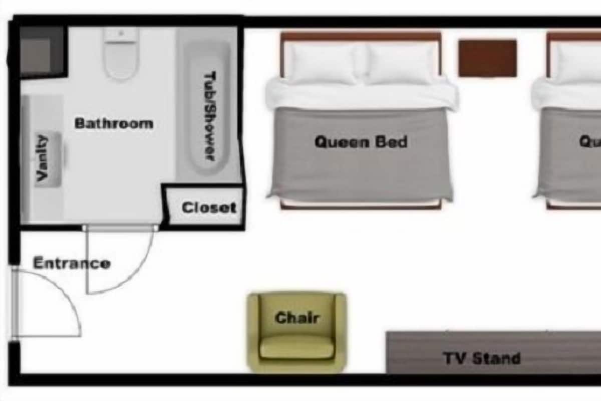 Disposição de um quarto de hotel com banheiro, armário, duas camas de solteira, varanda externa, suporte para TV, escrivaninha e uma cadeira.