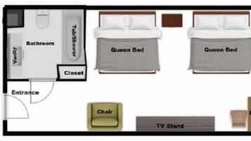 Disposição de um quarto de hotel com banheiro, armário, duas camas de solteira, varanda externa, suporte para TV, escrivaninha e uma cadeira.