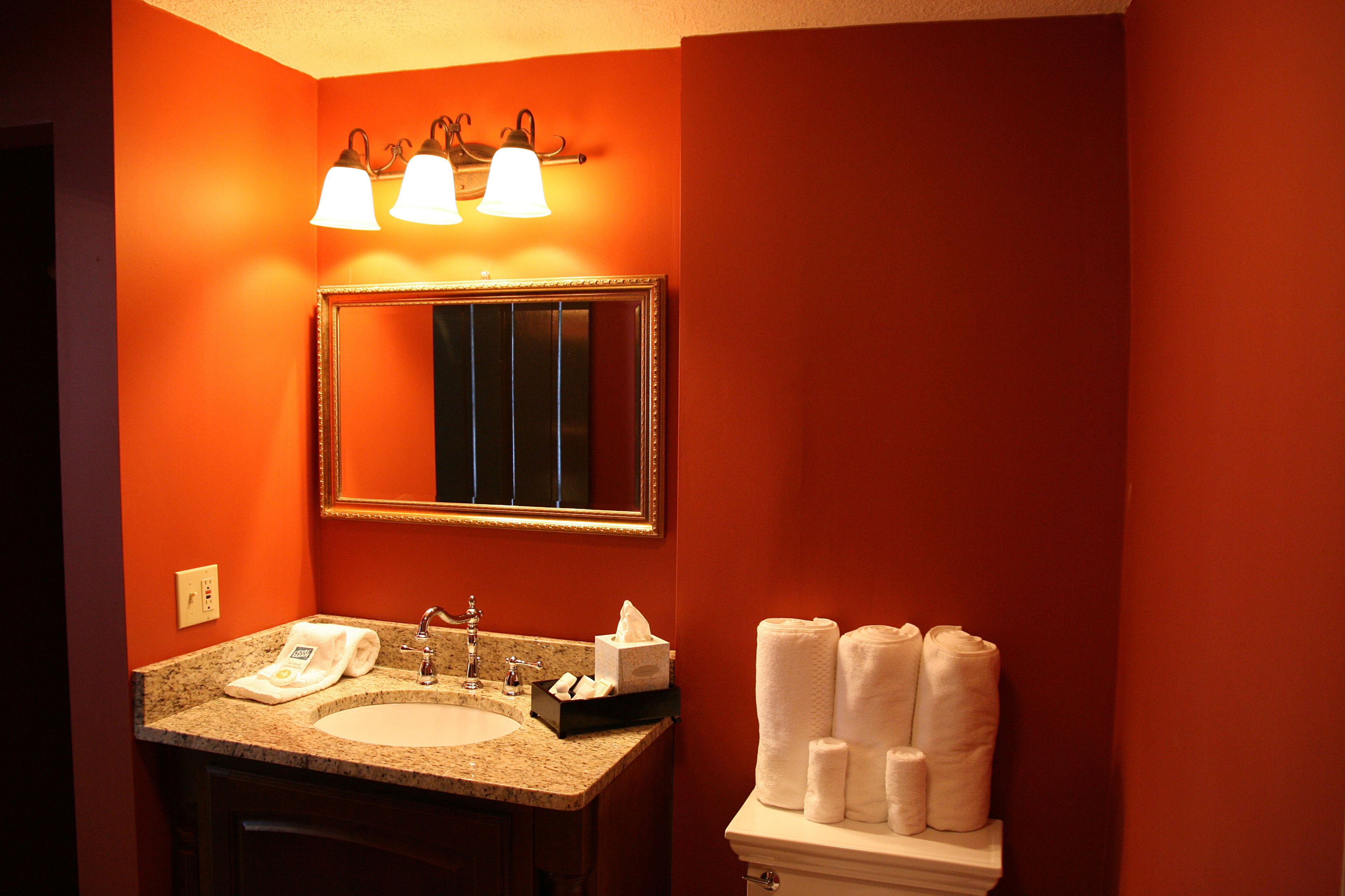 A bathroom with a granite countertop sink, a mirror with a gold frame, and a wall-mounted light fixture.