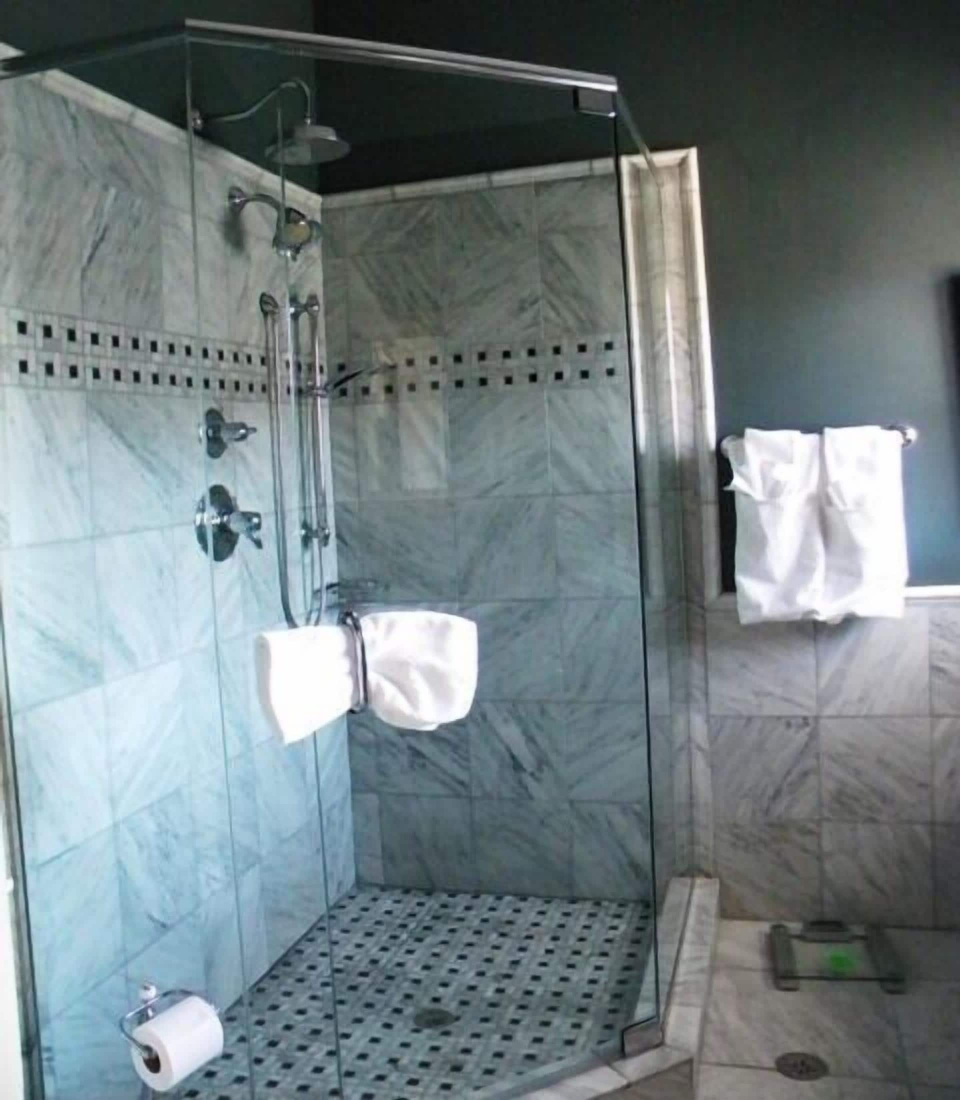 A glass-enclosed shower area with a marble wall, a towel rack, and a toilet paper holder.