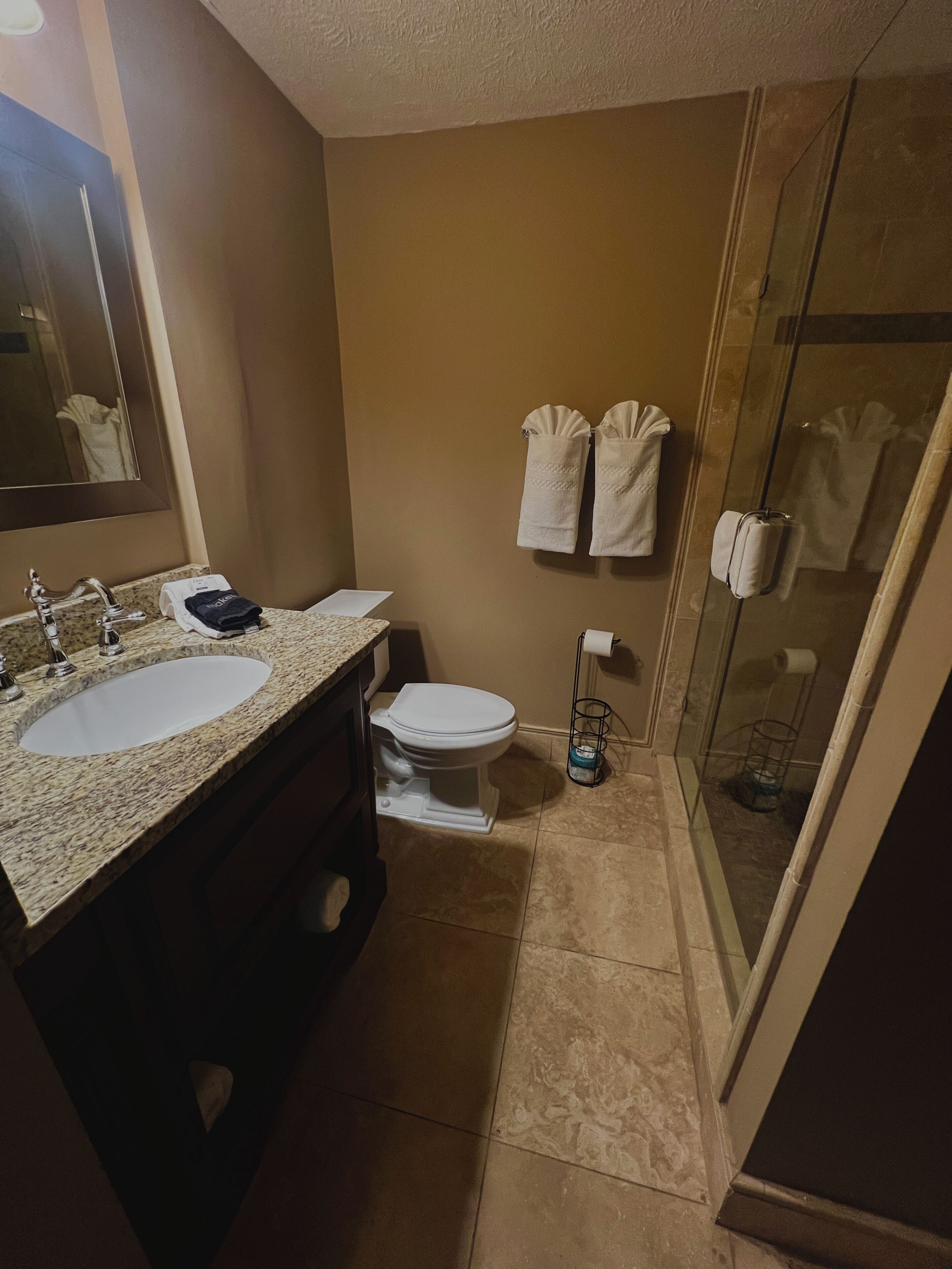 A bathroom with a sink, toilet, and shower. There are towels hanging on the wall and a mirror above the sink.