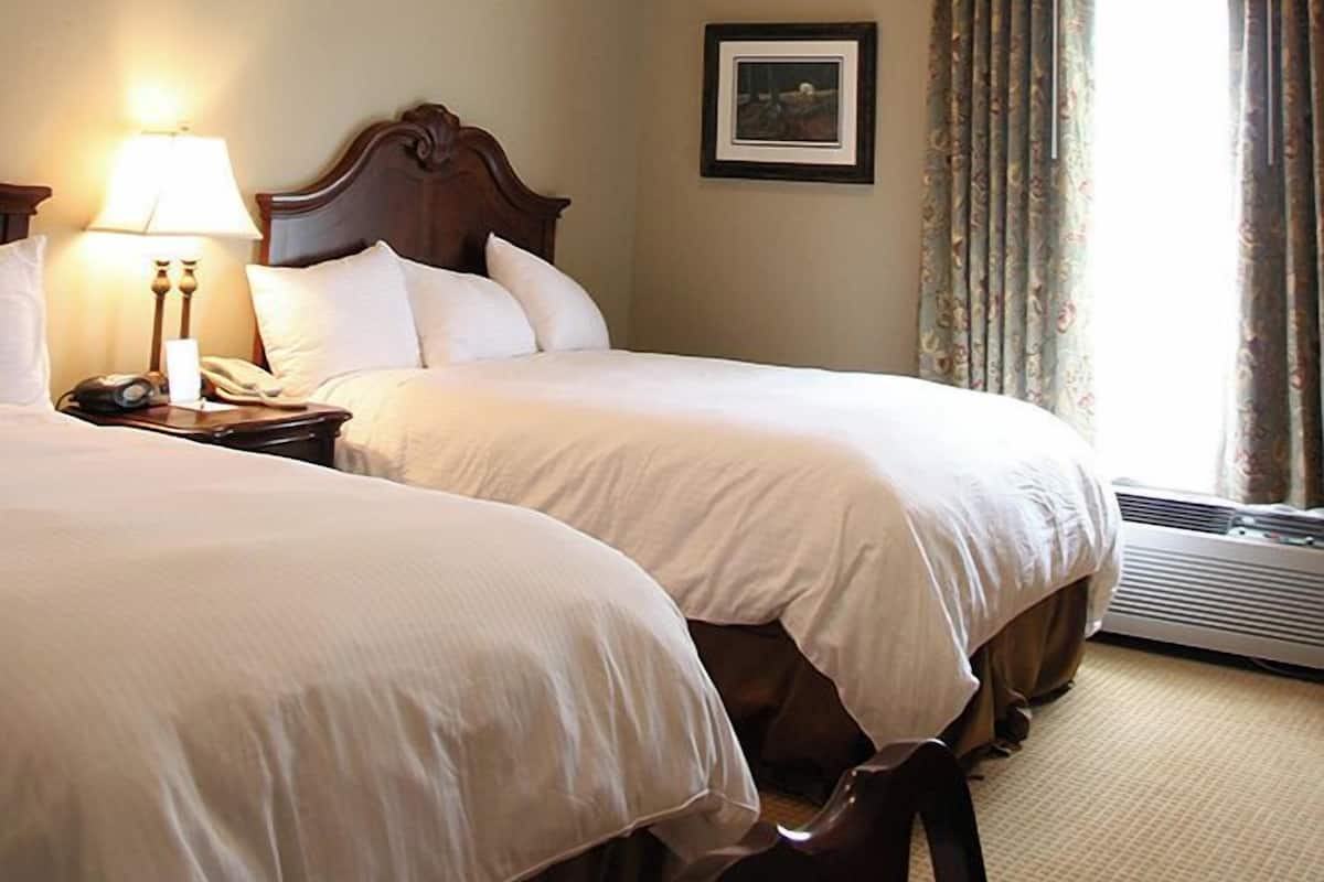 Quarto de hotel com duas camas, um claraboia, abajur, quadro emoldurado na parede e janela com cortinas.