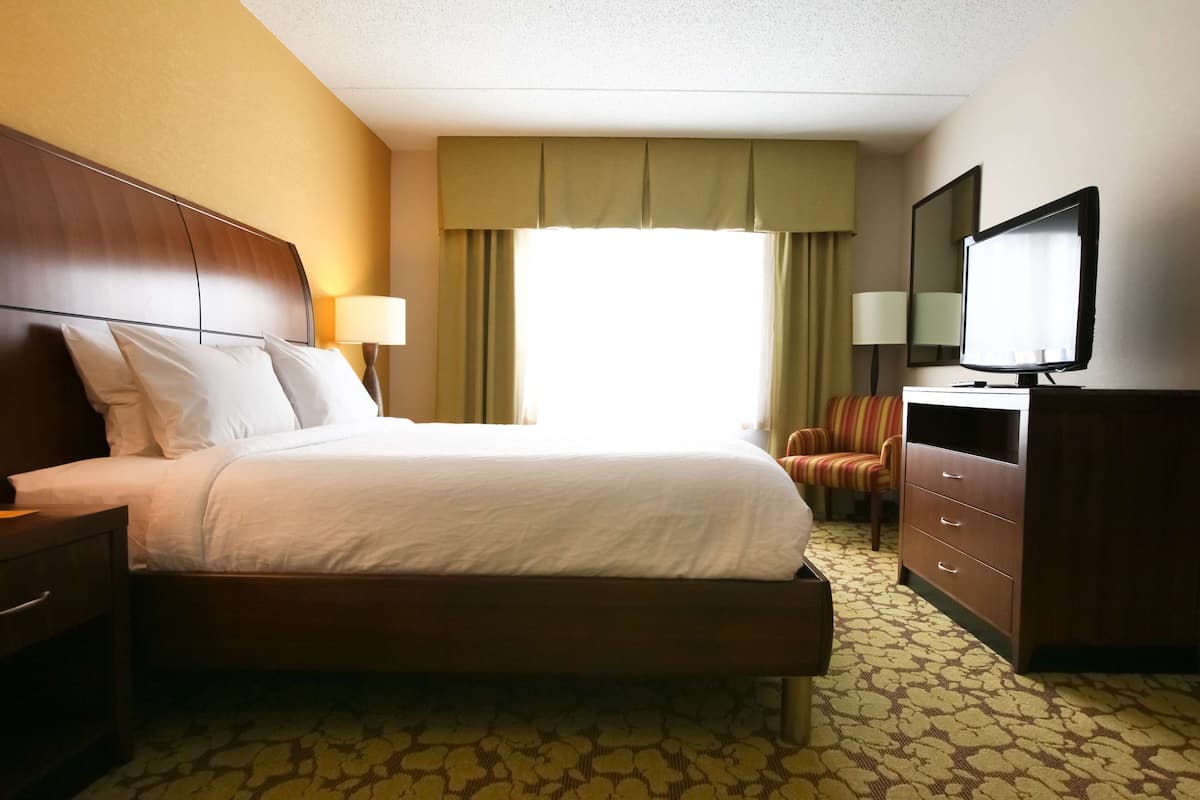 A hotel room with a bed, a dresser, a television, and a window with curtains.