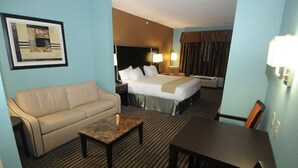 Una habitación de hotel con cama, sofá, mesa y escritorio.