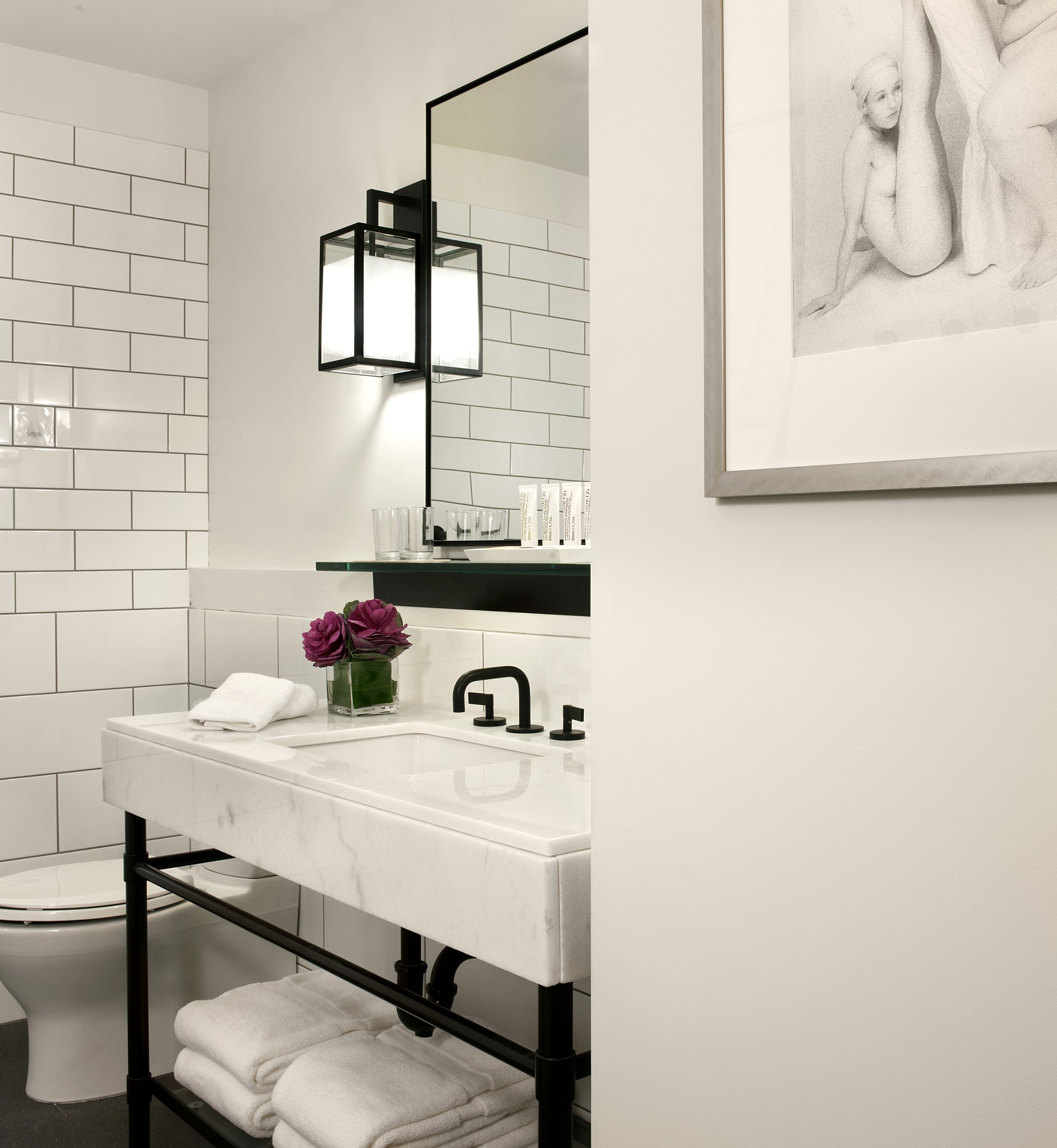 designer toiletries, hair dryer, bathrobes, towels