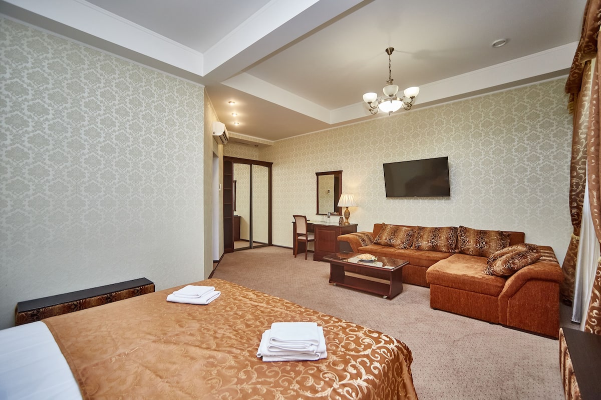 A hotel room with a bed, a sofa, a desk, and a TV.