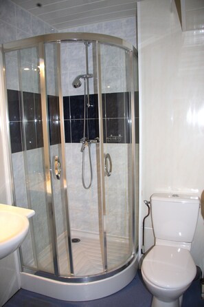 Eine Duschkabine mit Glastür, eine Toilette und ein Waschbecken.