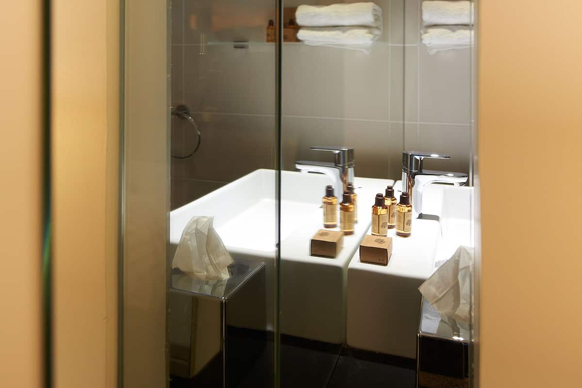 eco-friendly toiletries, hair dryer, towels