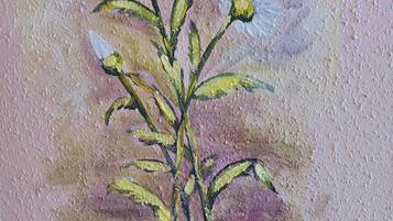 Una pintura de una planta con flores y hojas.