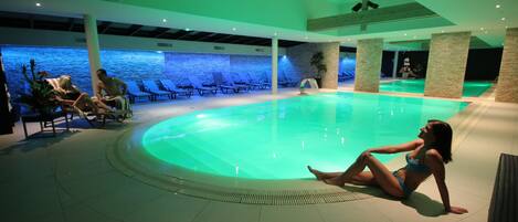 Indoor pool, open 8:00 AM to 9:00 PM, sun loungers
