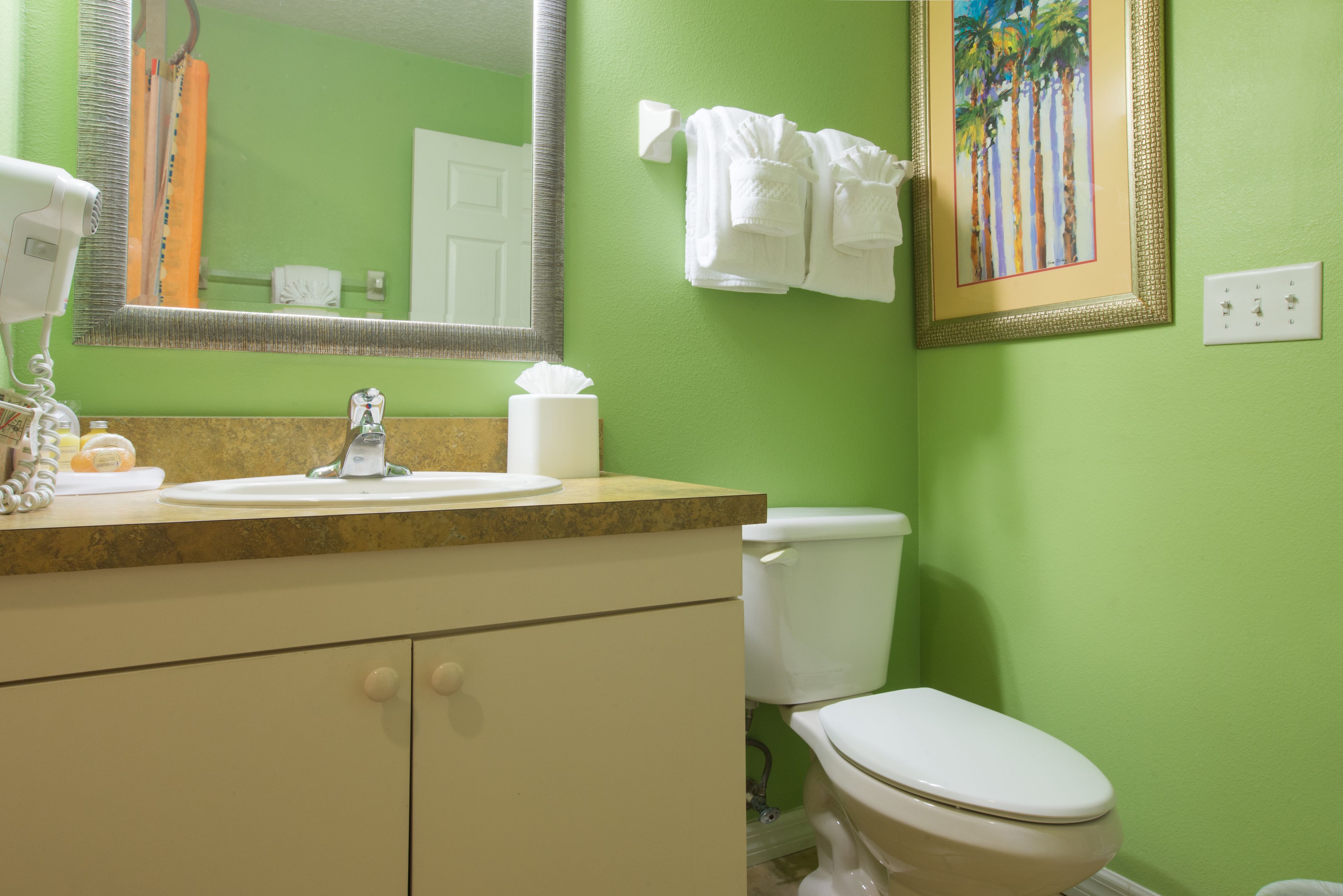 Een badkamer met een groene wand, een witte wastafel en toilet. Er is een handdoekhouder met handdoeken en een lijst met foto aan de wand.