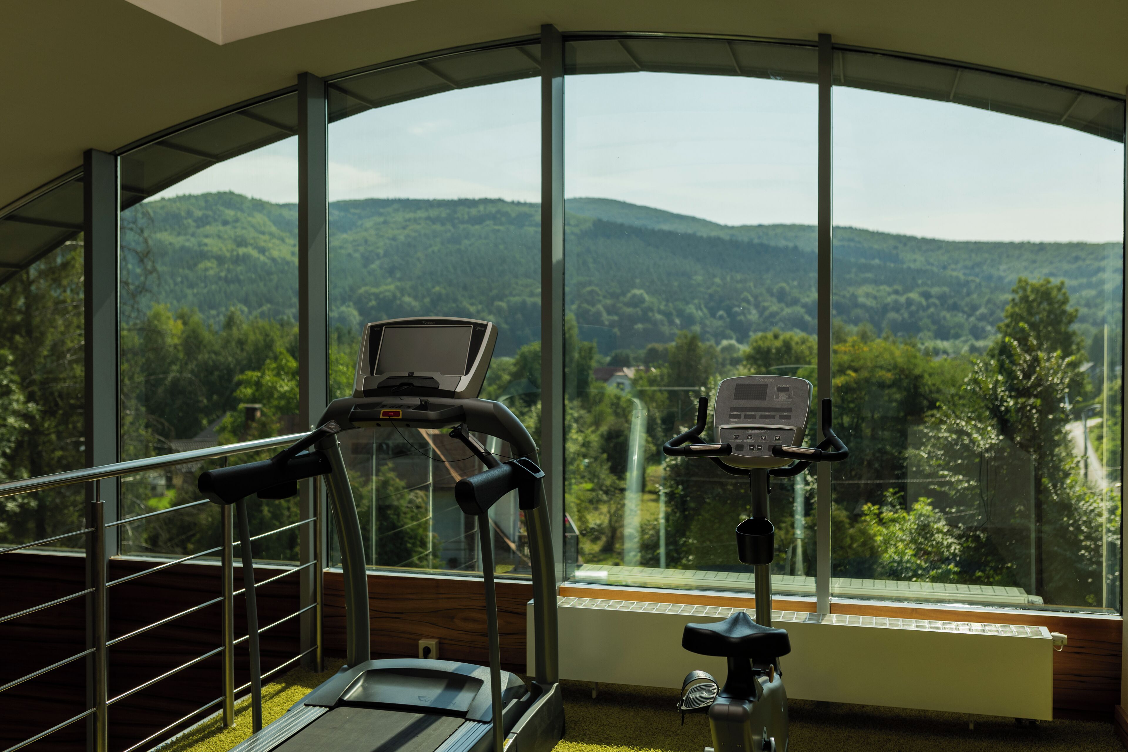 A gym with exercise equipment and a large window offering a view of a forested landscape.