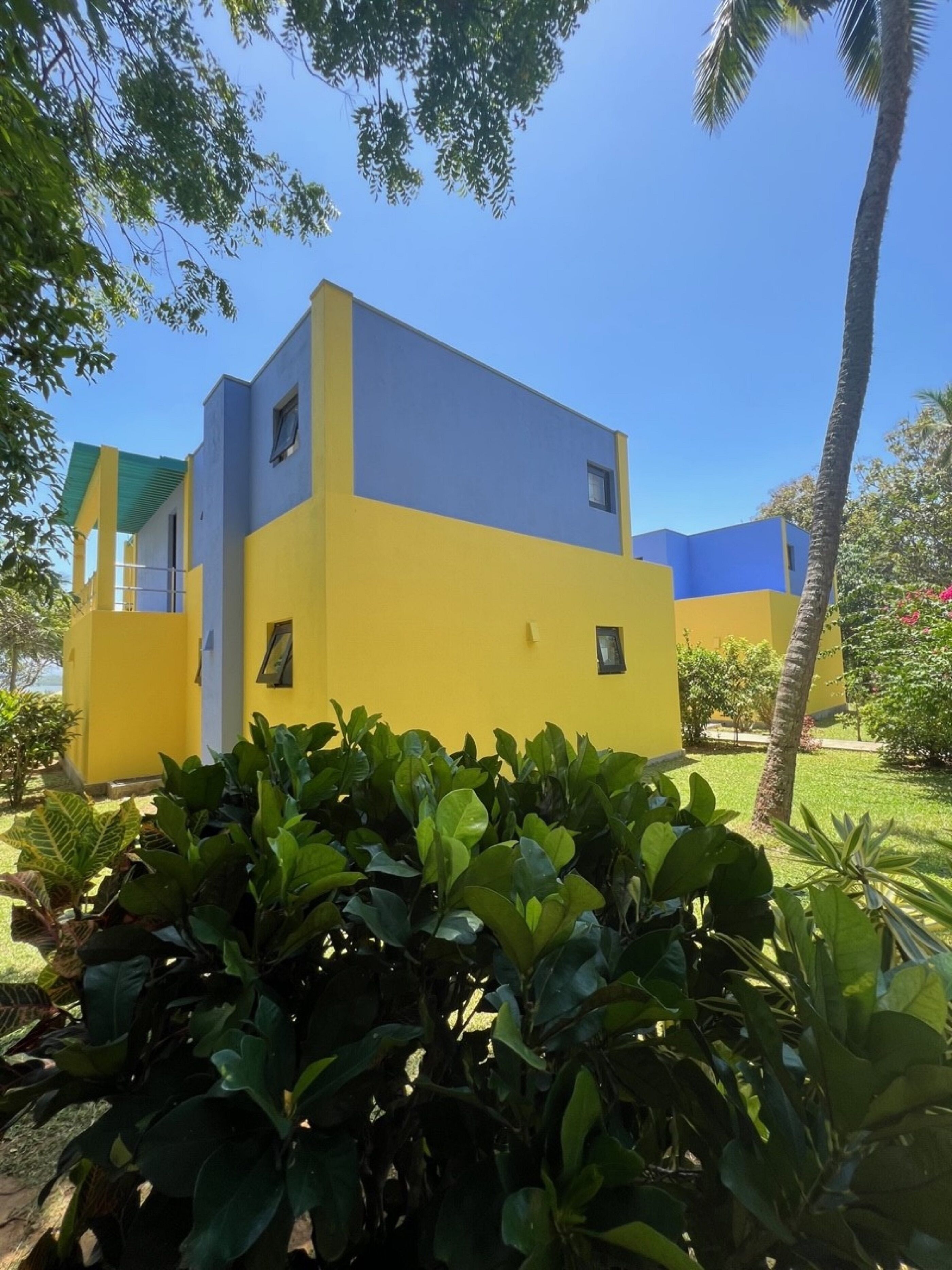 A two-story building with a yellow and blue facade, surrounded by lush greenery and palm trees.