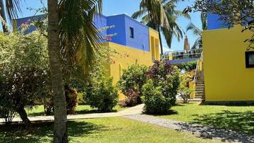 A courtyard with a palm tree, a yellow building, and a blue building with a staircase.