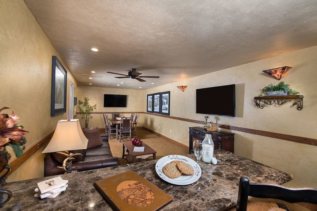 Suite | Woonruimte | Flatscreentelevisie, een open haard en een dvd-speler