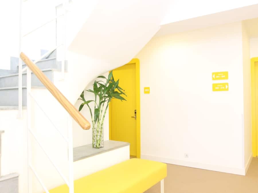 A staircase with a wooden handrail, a bench, and a potted plant.