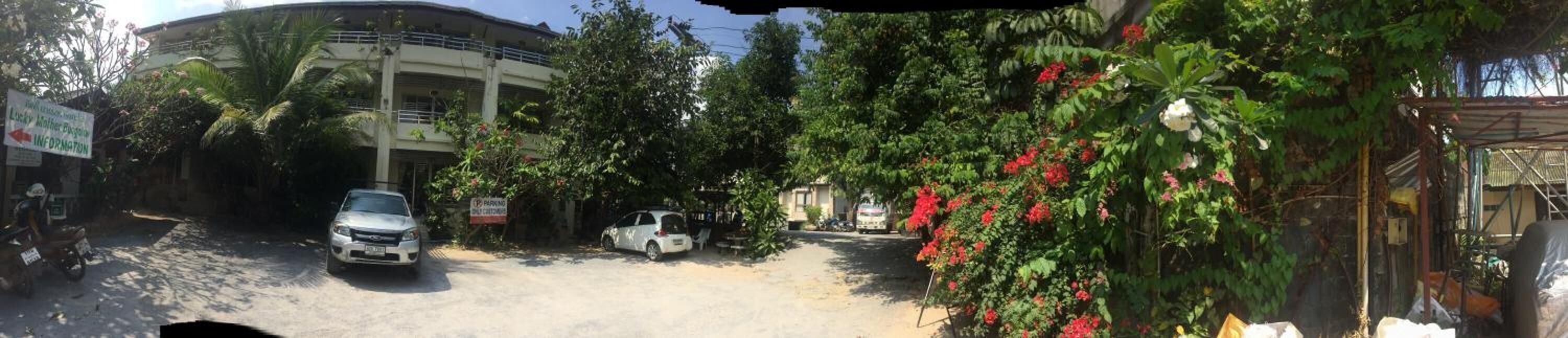 A building with a parking area, surrounded by greenery and flowering plants.