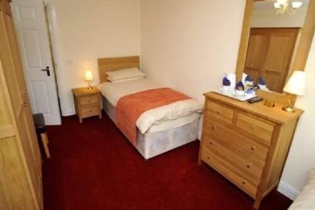 A bedroom with a bed, a dresser, a mirror, and a nightstand with a lamp.