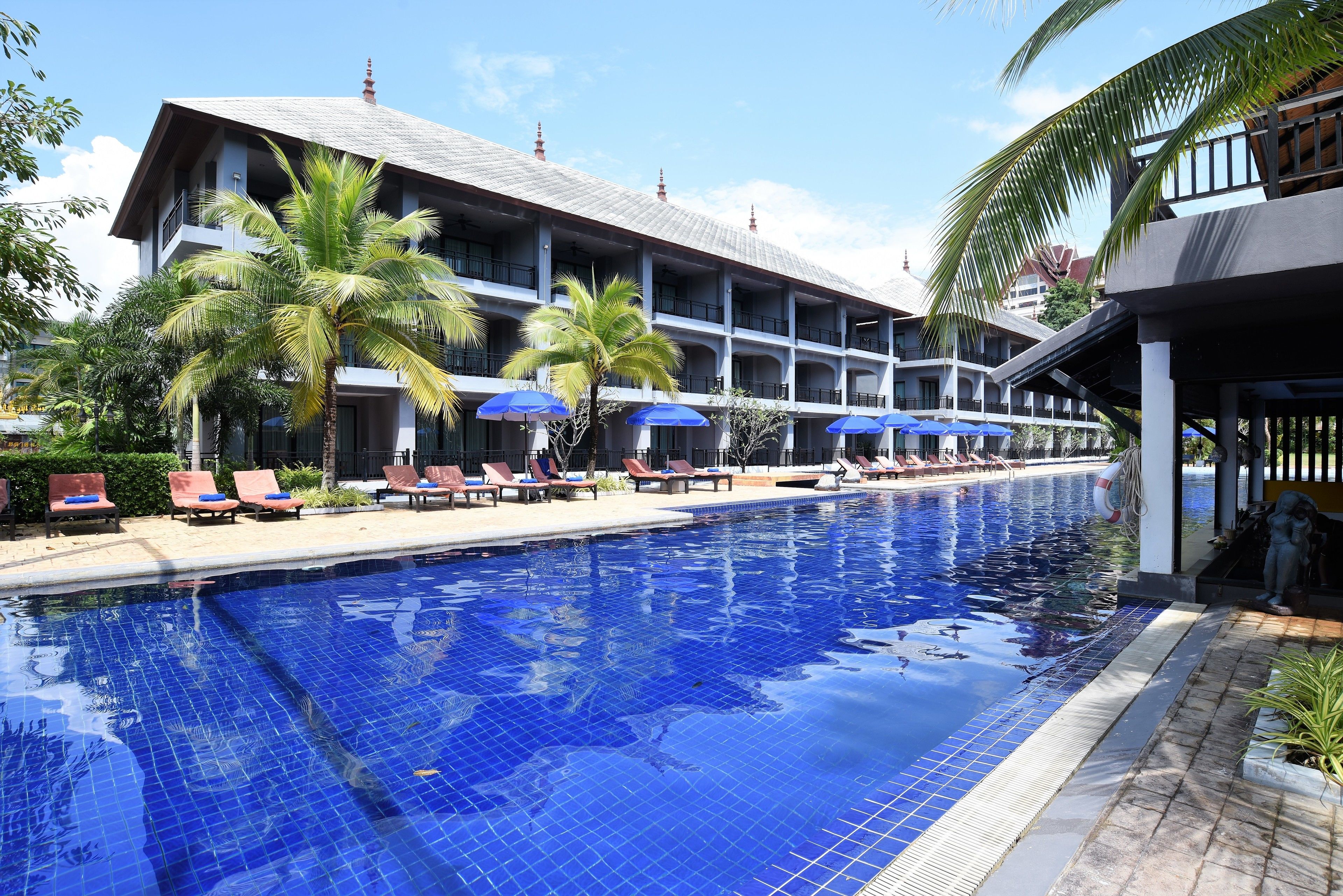 Udendørs pool, parasoller, liggestole