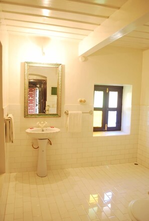 A bathroom with a white sink, a mirror, and a window with a door. - Hotel Bhairon Vilas (Bikaner)