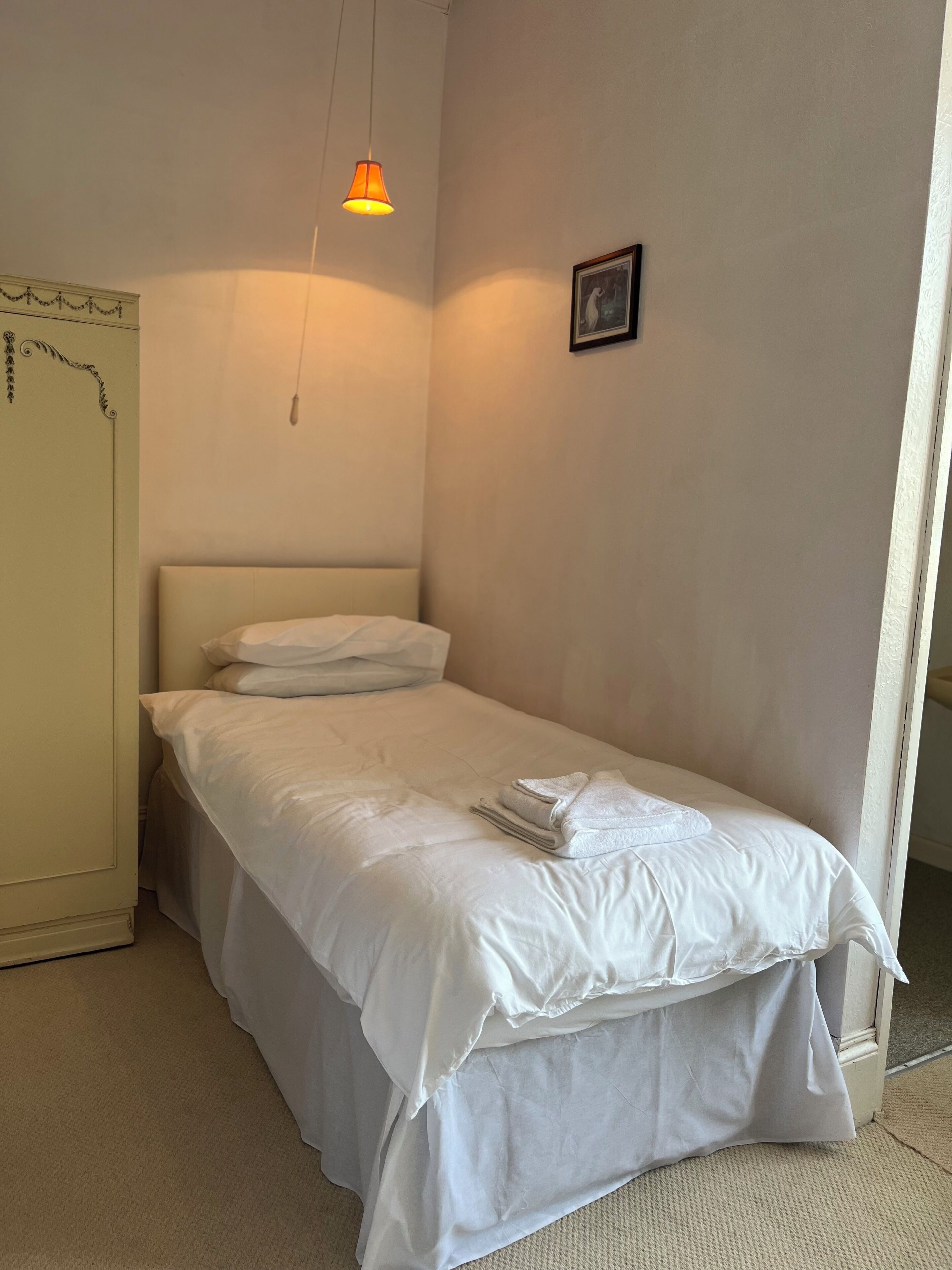 Een enkel bed met witte lakens, een hanglamp, een lijst met een foto aan de muur, en een deur met decoratief ontwerp.