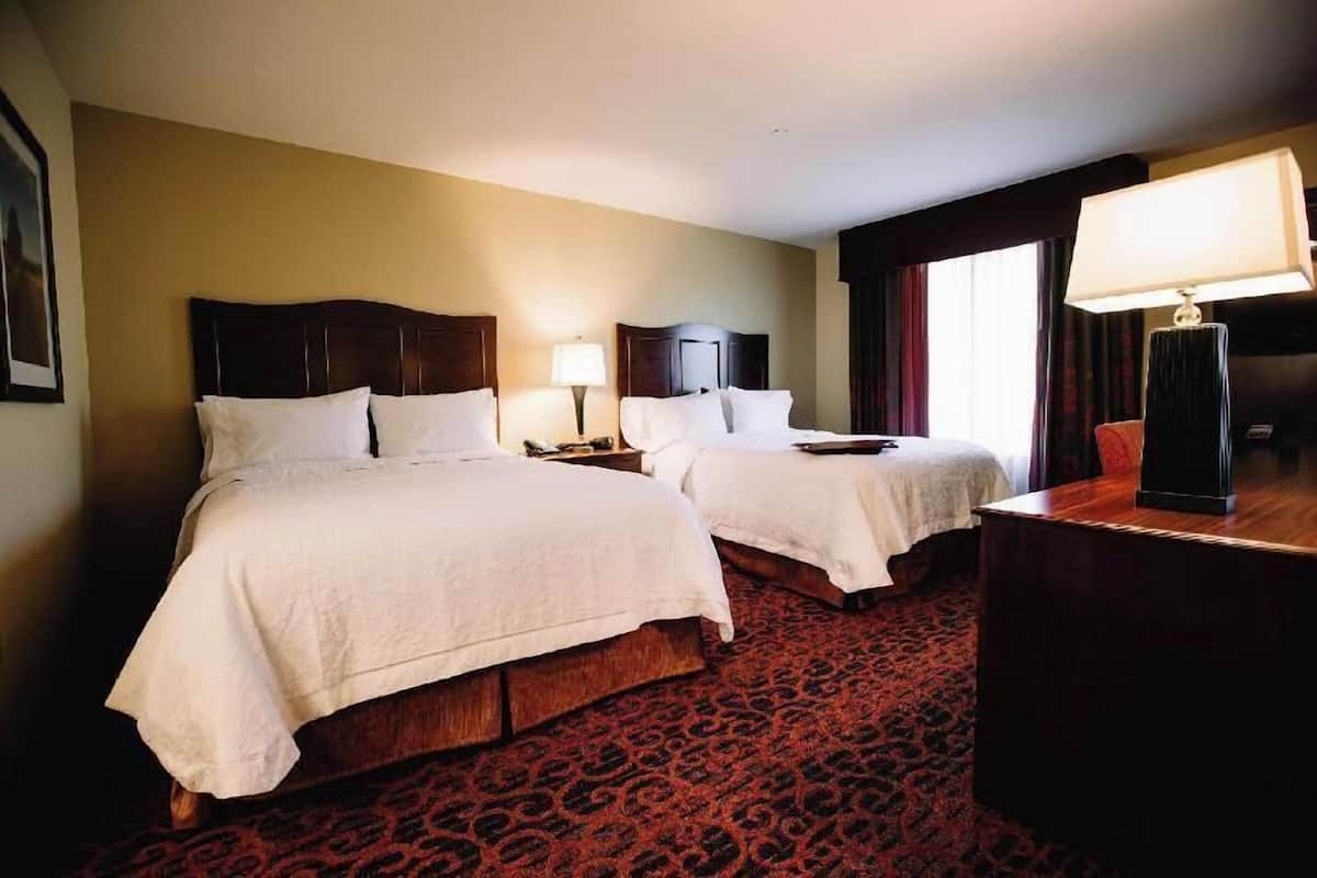 A hotel room with two beds, a desk, a lamp, and a patterned carpet.