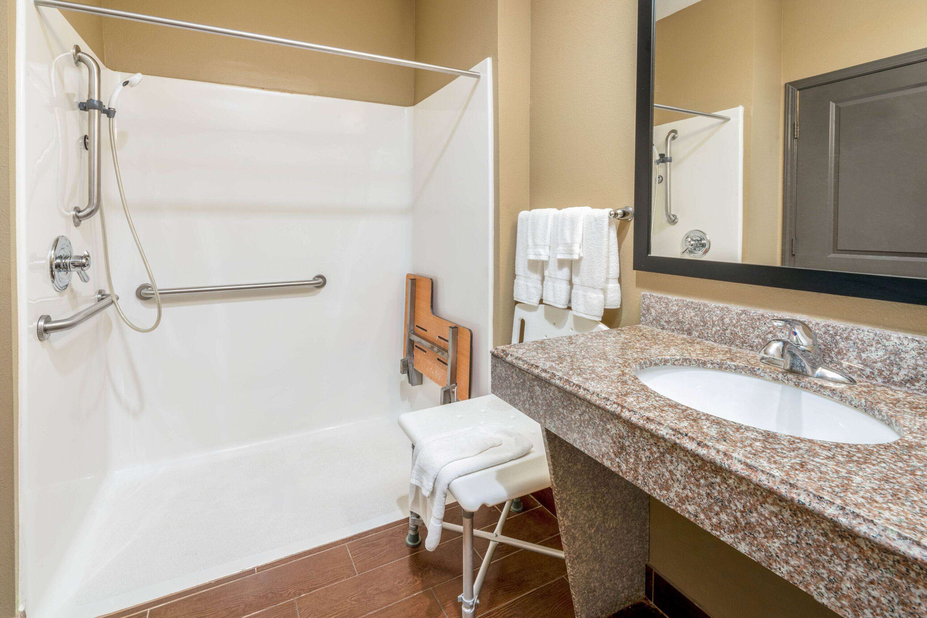 combined shower/bathtub, free toiletries, hair dryer, towels