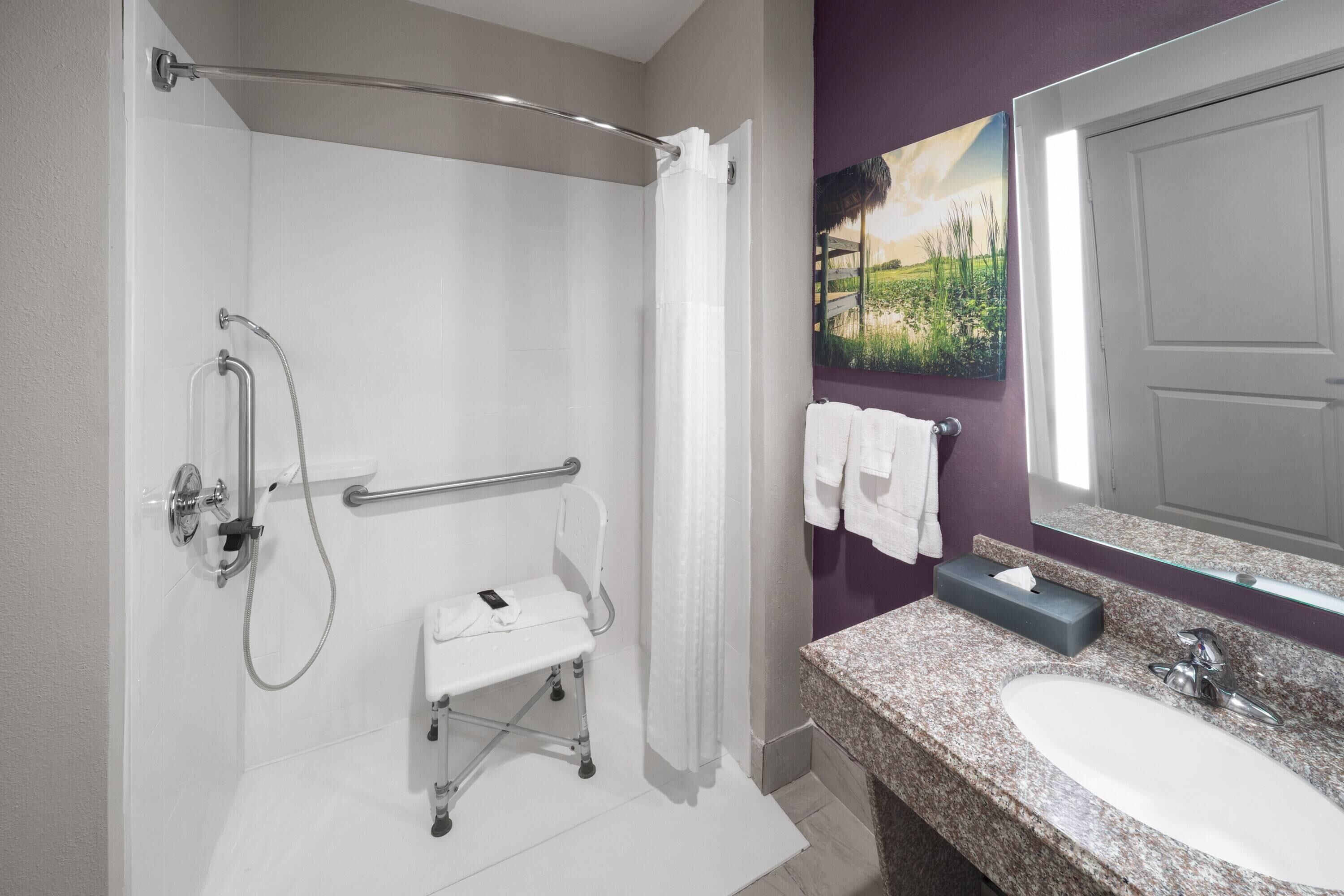 Une salle de bain équipée d’une douche, d’une barre d’appui et d’un lavabo avec un miroir.