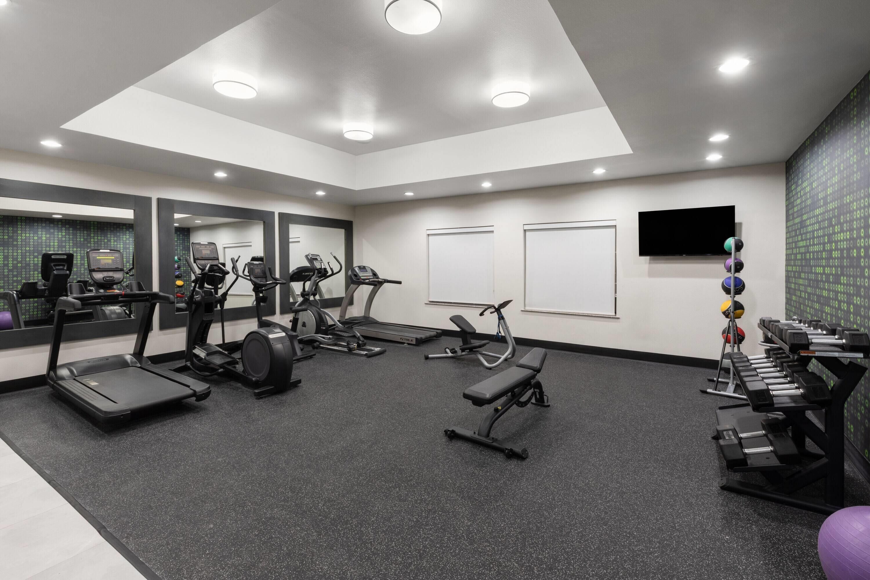 Un gimnasio moderno con cintas de correr, elípticas, una banca y pesas sueltas.