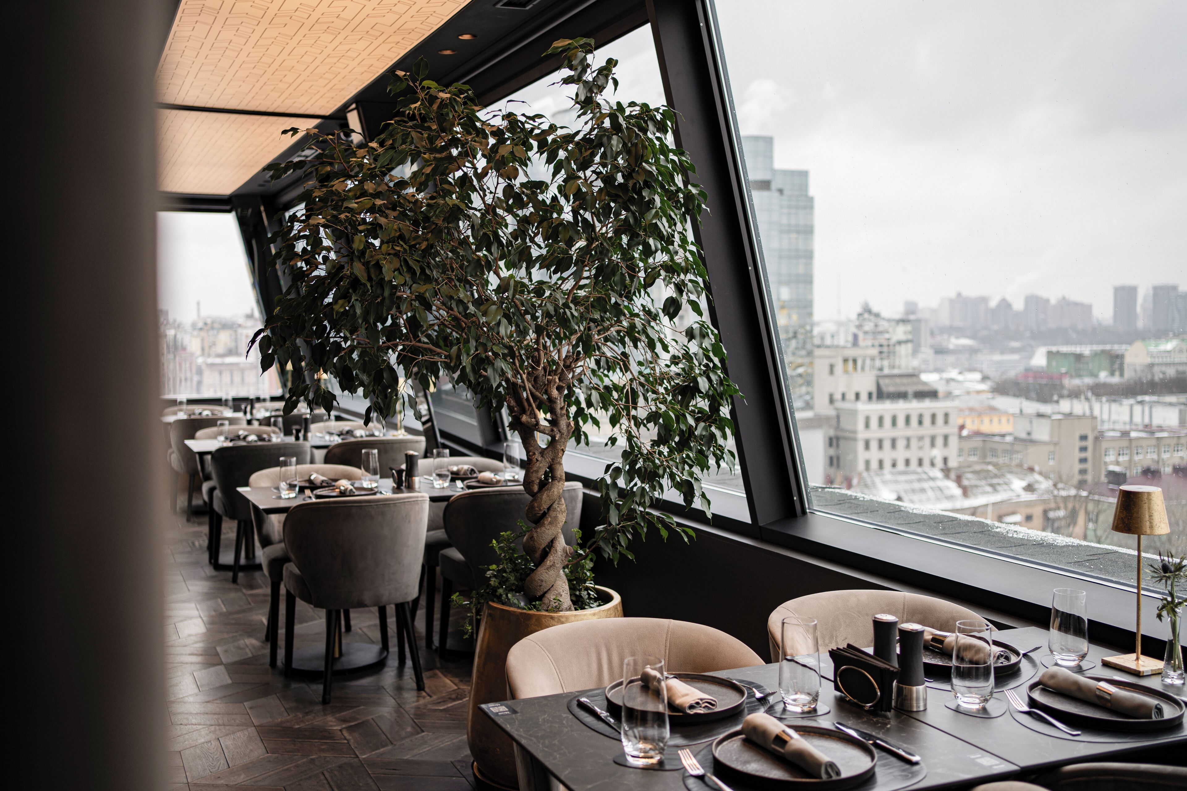 A restaurant with tables set for dining, a large potted tree, and a city view through large windows.