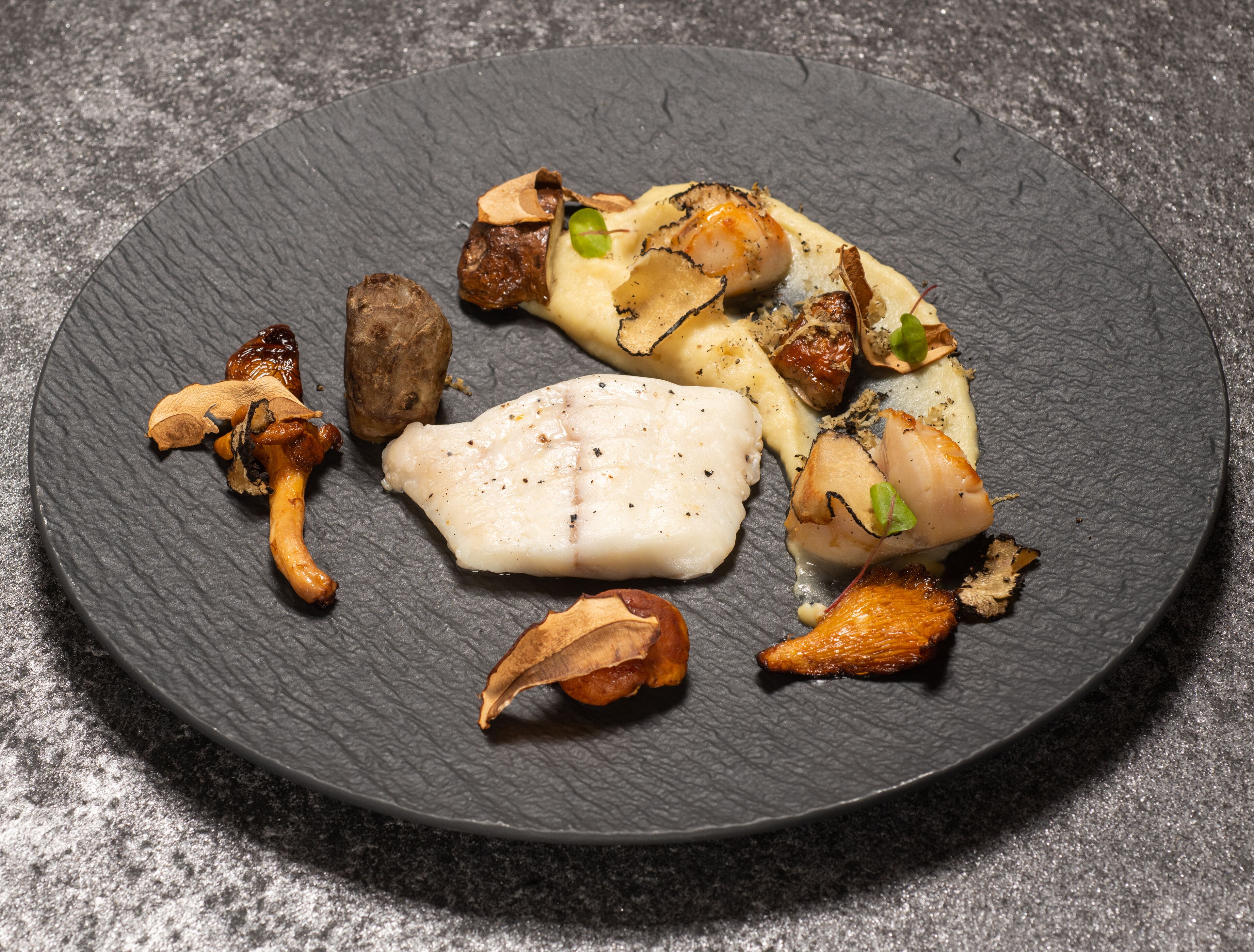A dark slate plate with various food items including a piece of white fish, mushrooms, and other vegetables.