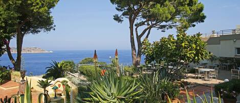 A patio area with outdoor seating, a view of the sea, and various potted plants.