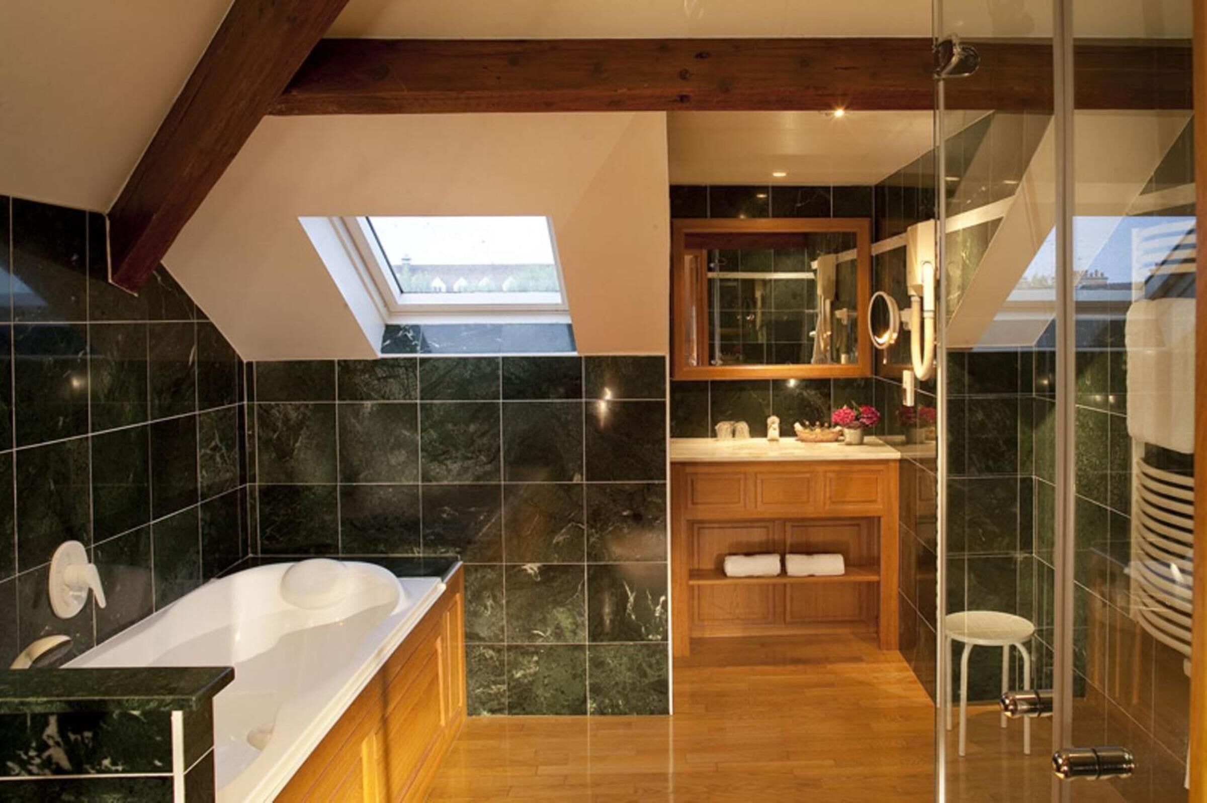 luxury double room | bathroom | hair dryer, bathrobes, towels