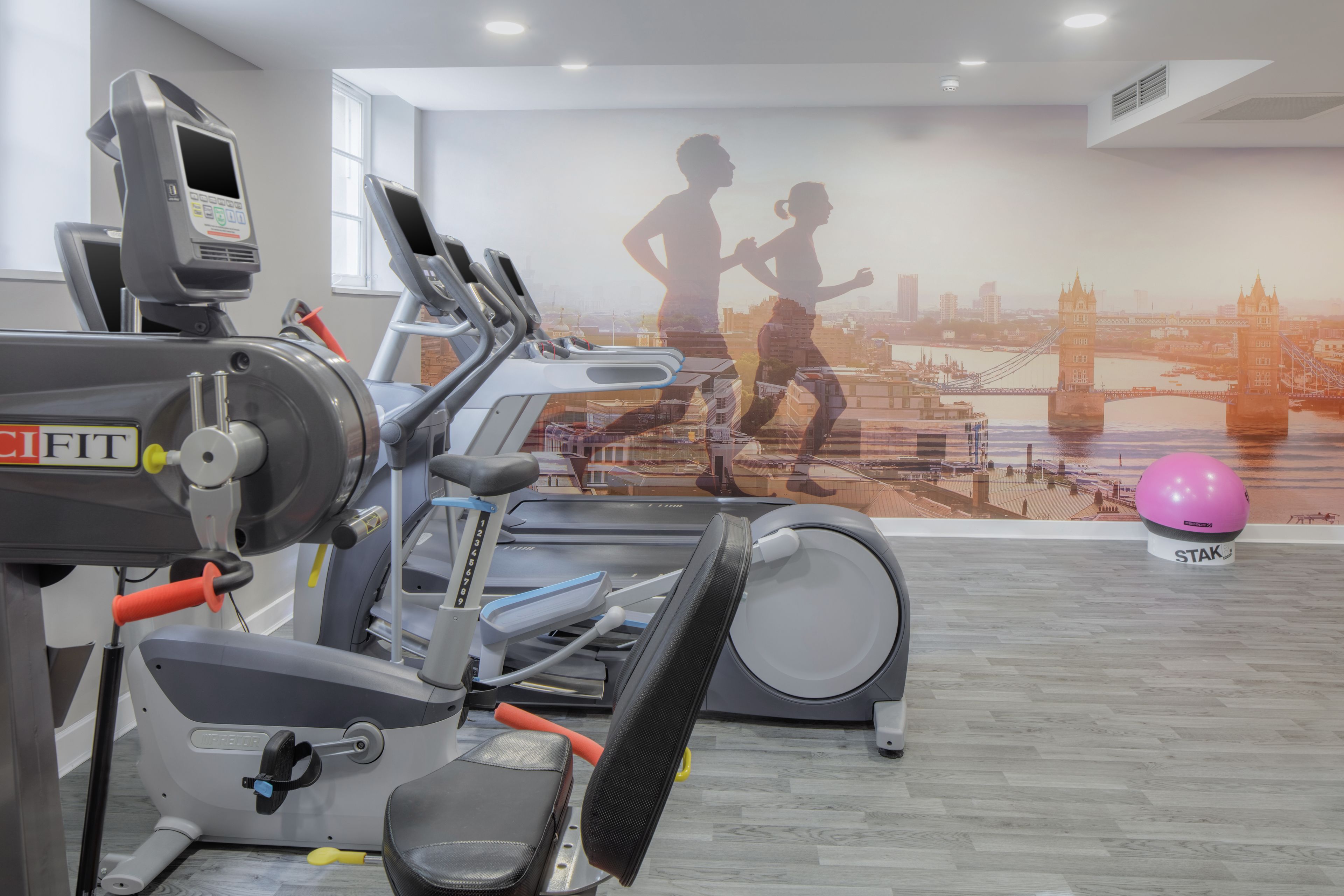 A gym with cardio equipment, a mural of runners, and a pink exercise ball.
