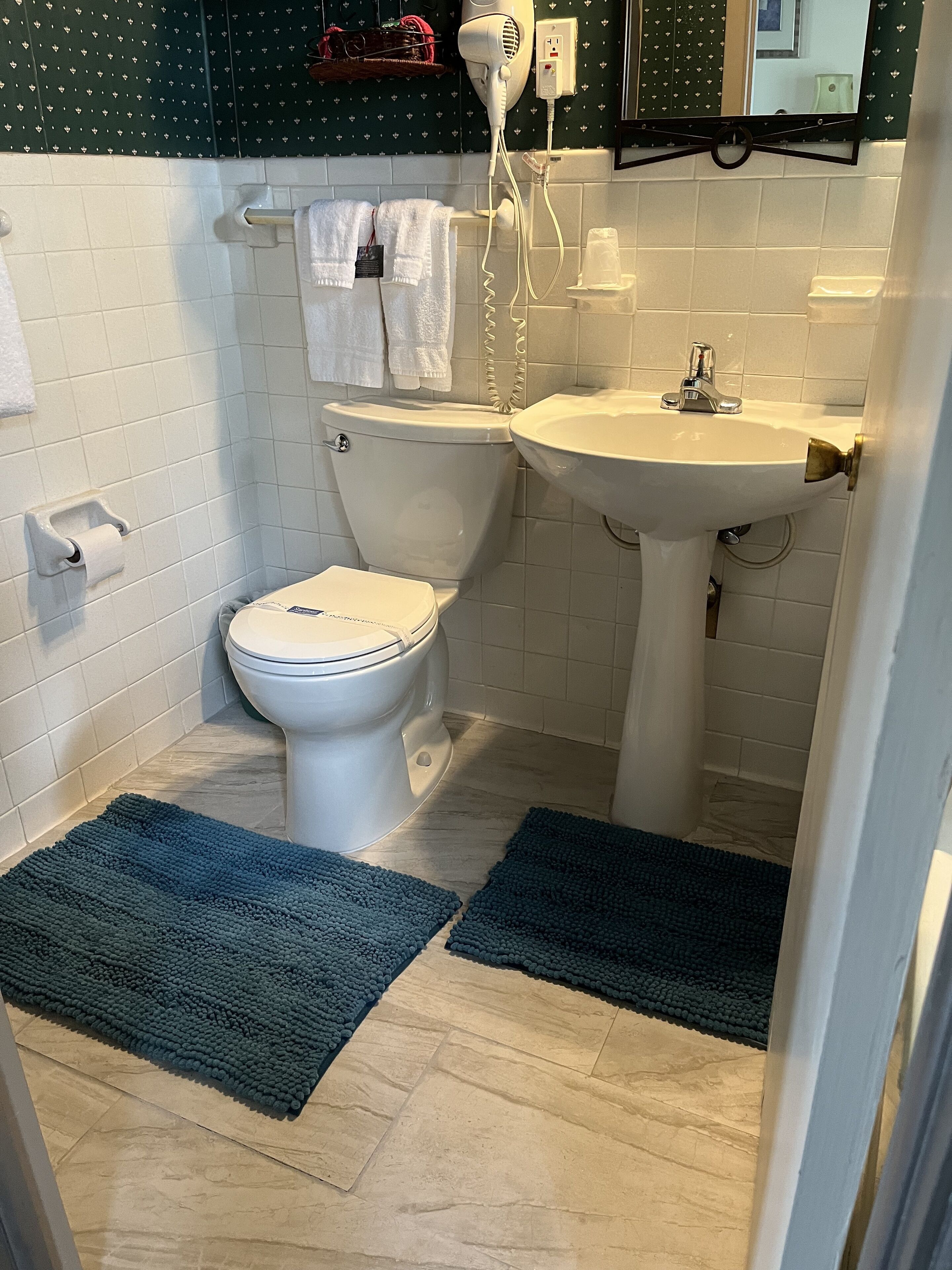 A bathroom with a toilet, sink, and a hairdryer on the wall. There are two blue rugs on the floor.