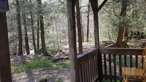Eine Holzterrasse mit einem Stuhl, mit Blick auf eine bewaldete Landschaft mit hohen Bäumen und einem umgestürzten Baumstamm.