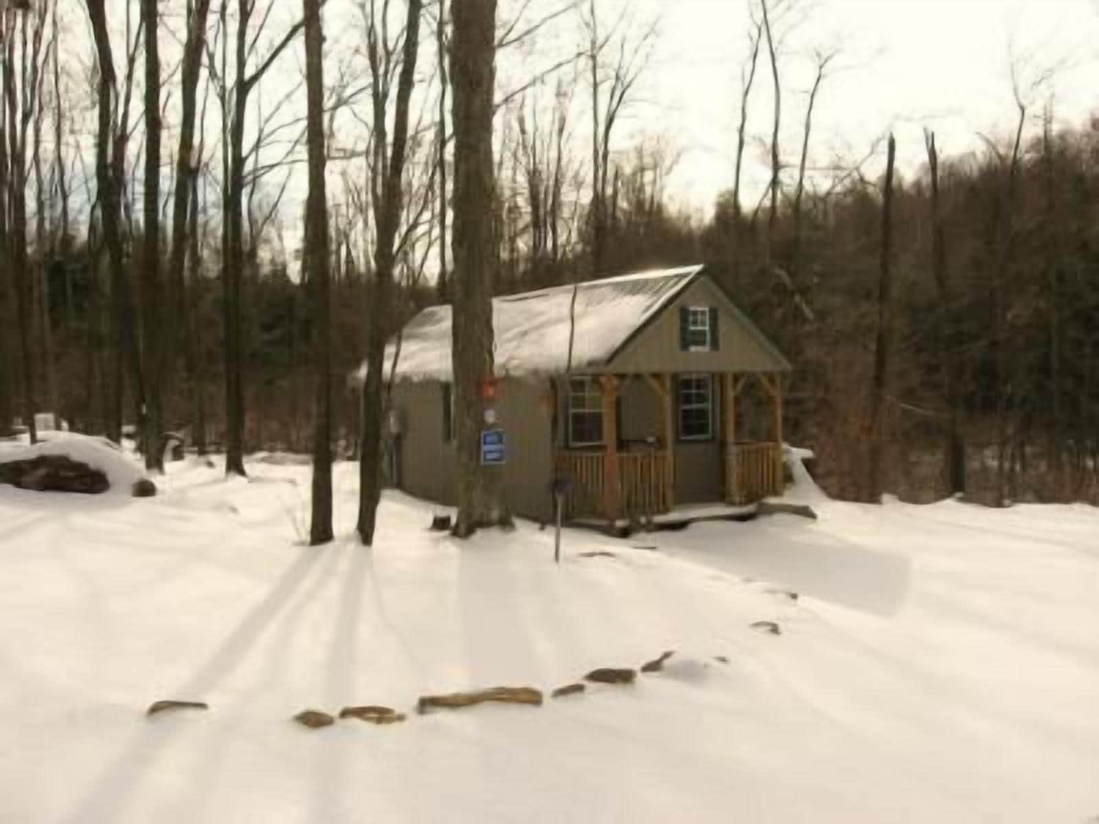 Een klein chalet met een veranda, omringd door bomen en bedekt met sneeuw.