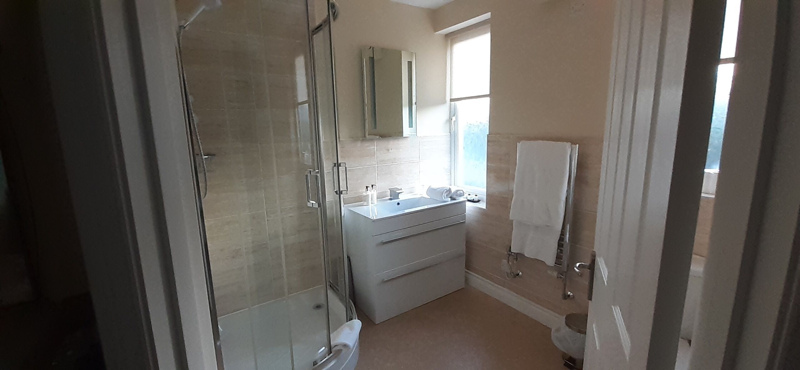 A bathroom with a glass shower enclosure, a white sink, and a mirror above it.
