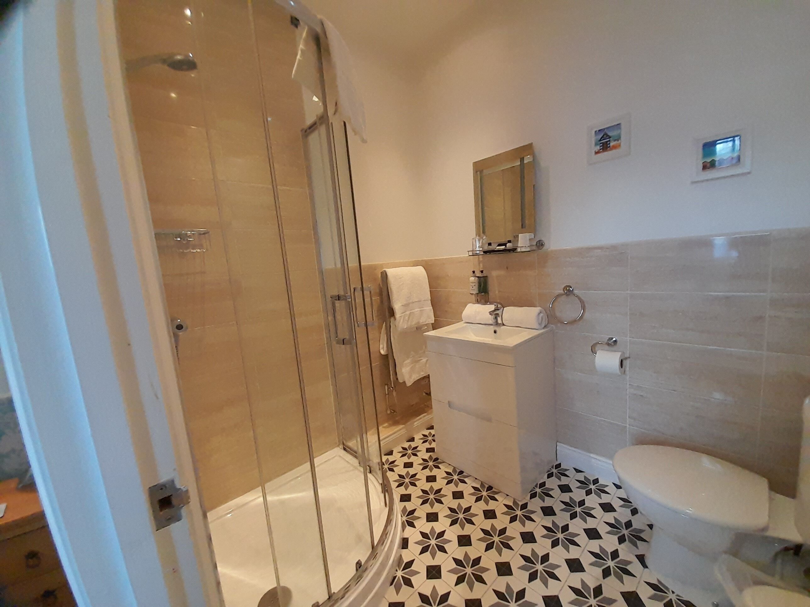 A bathroom with a glass-enclosed shower, a sink with a mirror above it, and a toilet.