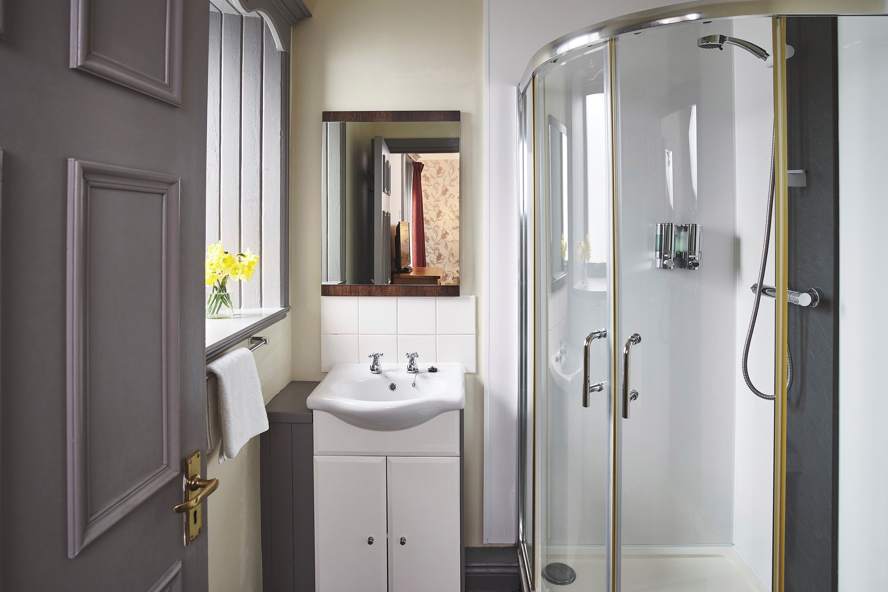 A bathroom with a shower, sink, and mirror.