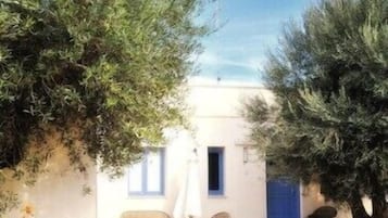 Un edificio bianco con una porta blu, circondato da ulivi e un giardino.