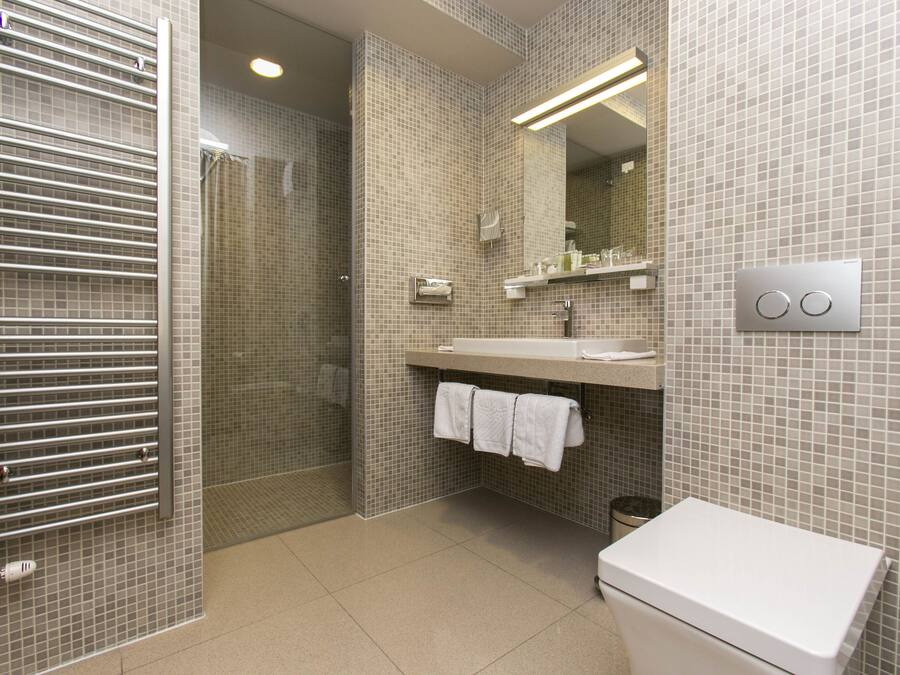 A modern bathroom with a glass shower enclosure, a white sink, and a toilet.