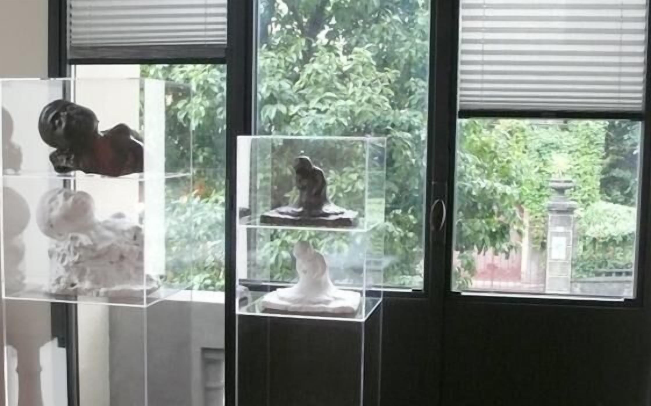 Une pièce dotée d’une fenêtre donnant sur des sculptures exposées dans des vitrines transparentes.