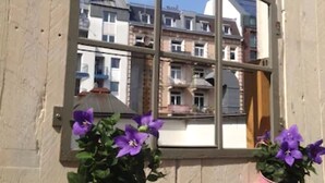 Una cerca de madera con un ventanal que refleja edificios, y dos macetas con flores moradas.