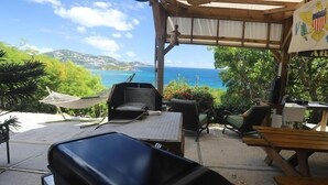 Un espace extérieur abrité, doté de sièges, offrant une vue sur l’océan, ainsi qu’un barbecue et un drapeau orné d’un emblème représentant un aigle.