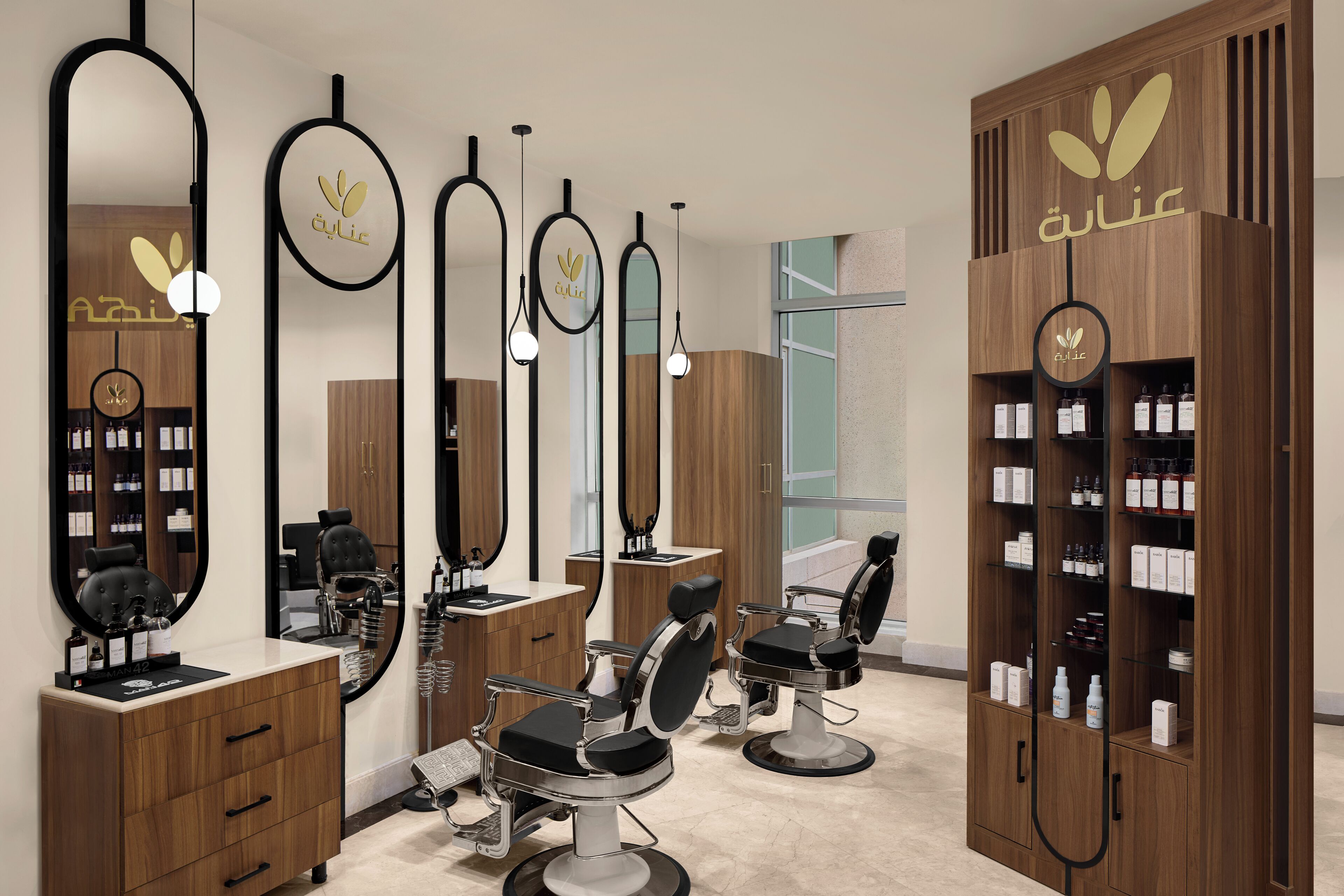 A modern salon with wooden cabinetry, multiple mirrors, and hairdressing chairs.