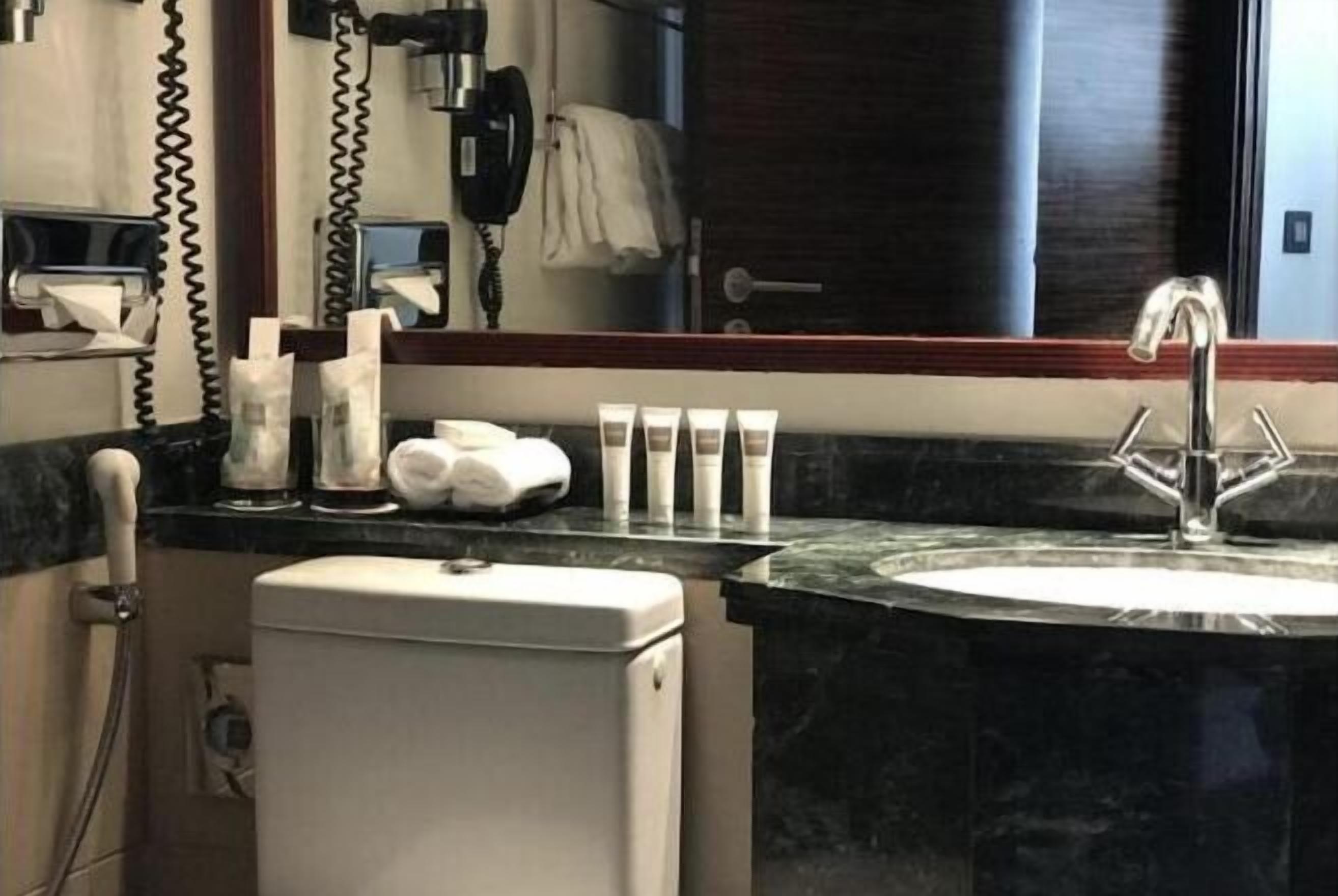 Combined shower/tub, hydromassage showerhead, free toiletries