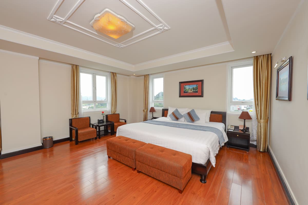 Een hotelkamer met een groot bed, een zithoek met een stoel en tafel, een klein bureau en uitzicht op de stad door de ramen.